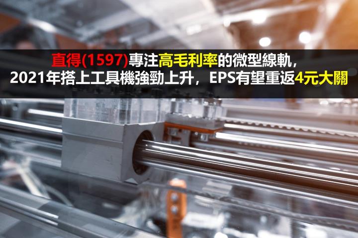 【研究報告】直得(1597)專注高毛利率的微型線軌，2021年搭上工具機強勁上升，EPS有望重返4元大關