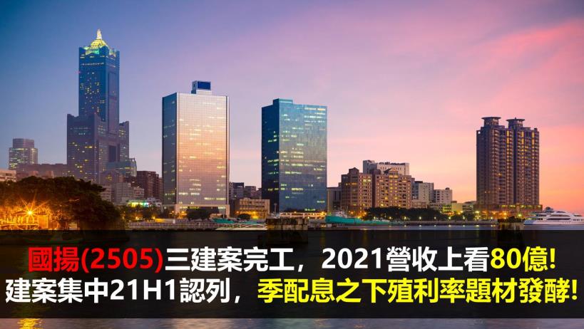 【研究報告】國揚(2505)三建案完工，2021營收上看80億! 建案集中21H1認列，季配息之下殖利率題材發酵 !