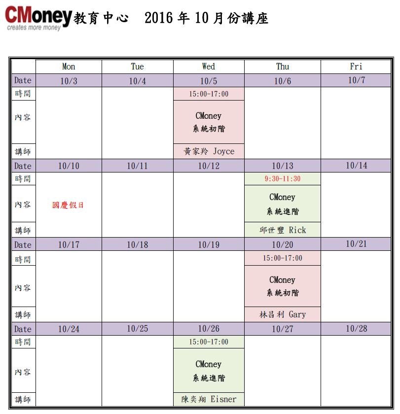 10月份課程出爐囉!!