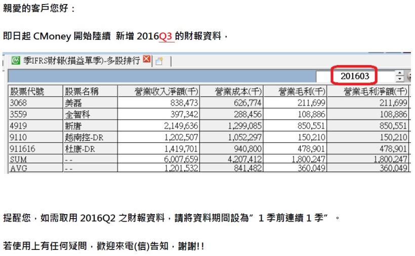 資料公告：2016Q3財報出爐!