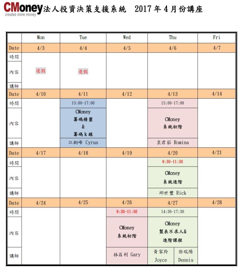 CMoney公告：4月份課程出爐囉!!