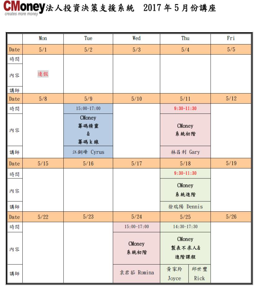 CMoney公告：5月份課程出爐囉!!