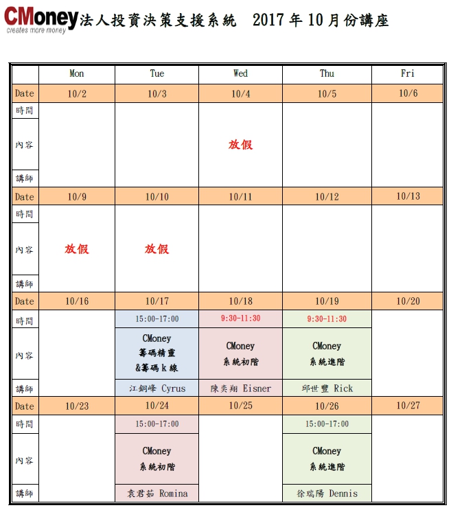 CMoney公告：10月份課程出爐囉!!