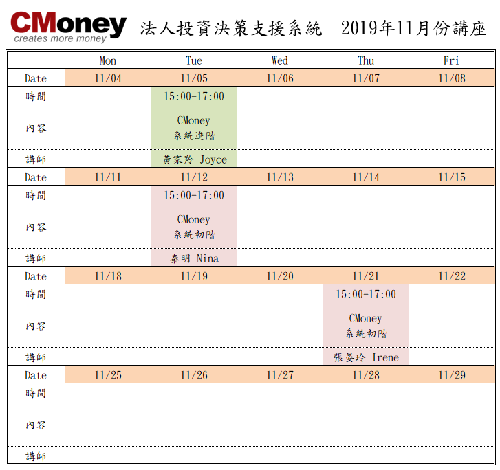 CMoney公告：11月份課程出爐囉!!