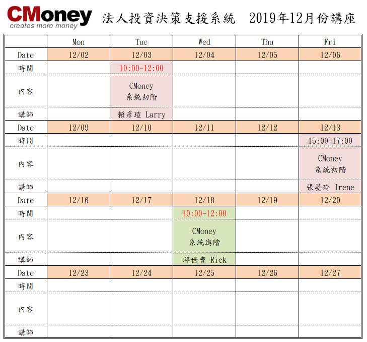 CMoney公告：12月份課程出爐囉!!