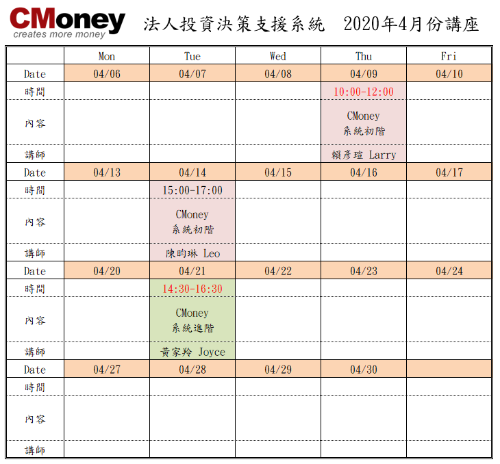 CMoney公告：4月份課程出爐囉!!