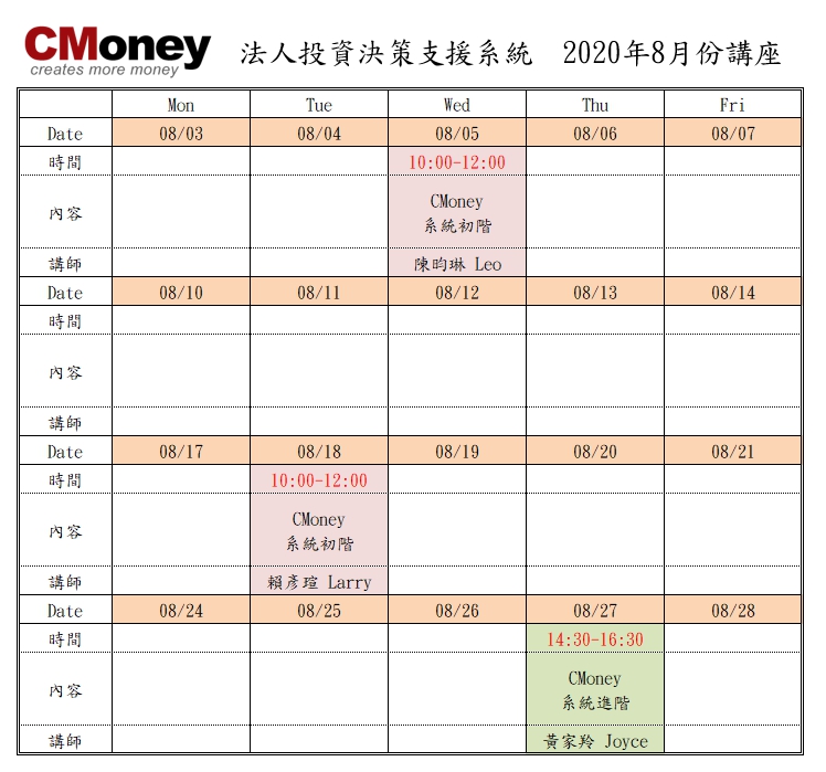 CMoney公告：8月份課程出爐囉!!