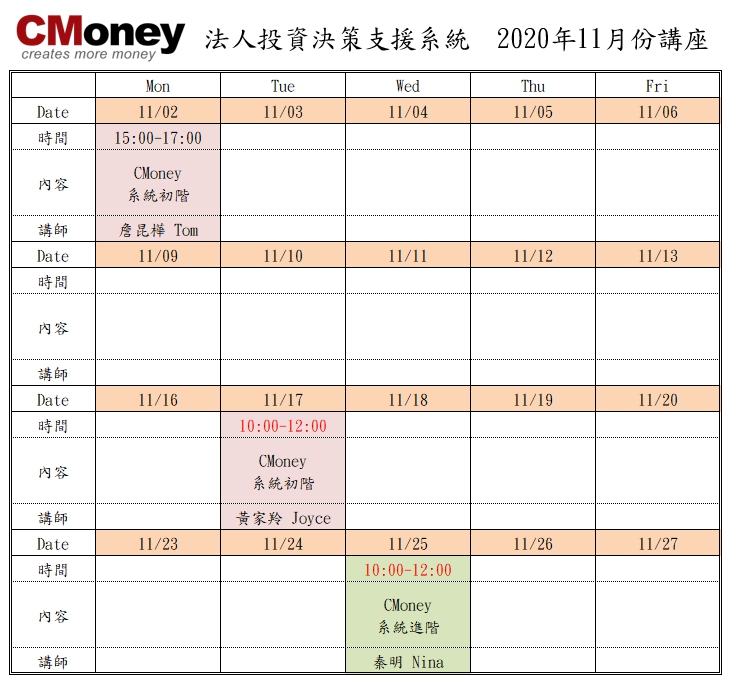 CMoney公告：11月份課程出爐囉!!