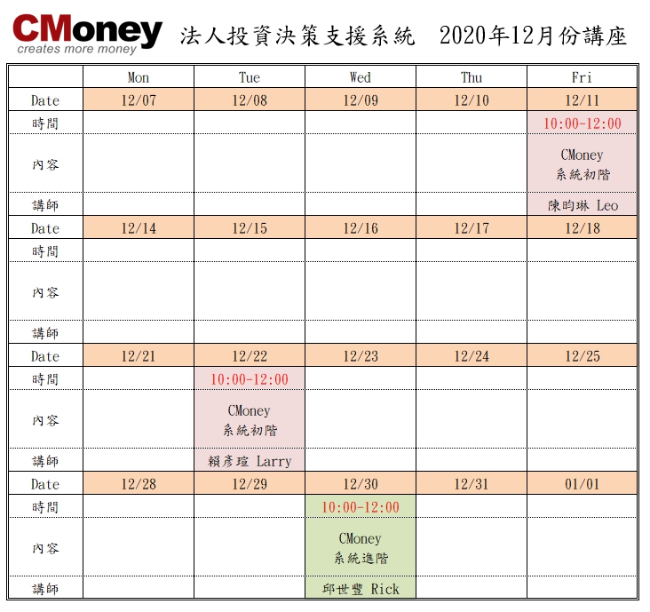 CMoney公告：12月份課程出爐囉!!