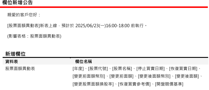 [欄位新增公告] 預計於 2025/06/23(一) 16:00-18:00執行 (影響表格：股票面額異動表 共1張表)