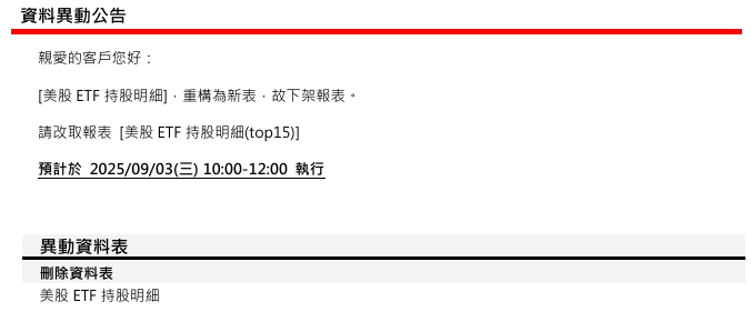 [資料表異動公告]預計於 2025/09/03(三) 10:00-12:00 執行(影響表格：美股ETF持股明細)