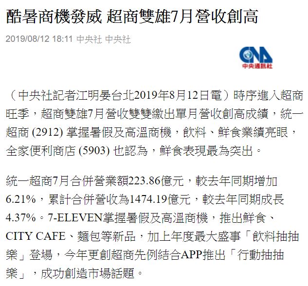 酷暑商機，讓統一超（2912）7-8月股價微漲，但面臨全家來勢洶洶，艾蜜莉卻不擔心，因為......