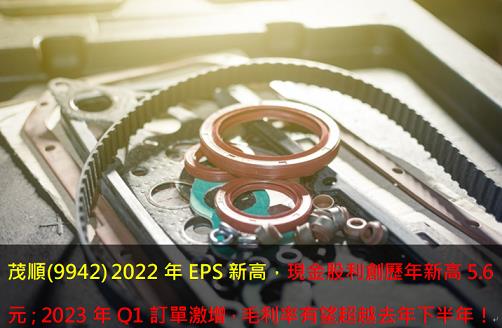 茂順(9942) 2022年EPS新高，現金股利創歷年新高5.6元；2023年Q1訂單激增，毛利率有望超越去年下半年！