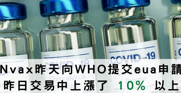 【美股新聞】Nvax昨天向WHO提交eua申請,盤中上漲了 10％ 以上