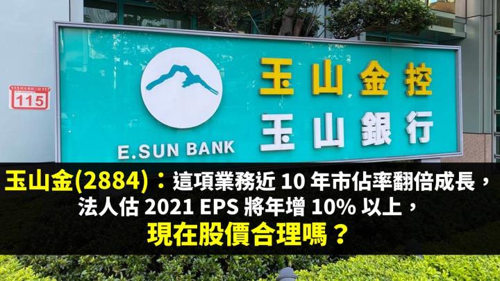 玉山金 2884 這項業務近10 年市佔率翻倍成長 法人估2021 Eps 將年增10 以上 現在股價合理嗎