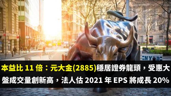本益比 11 倍：元大金(2885)穩居證券龍頭，受惠大盤成交量創新高，法人估 2021 年 EPS 將成長 20％！