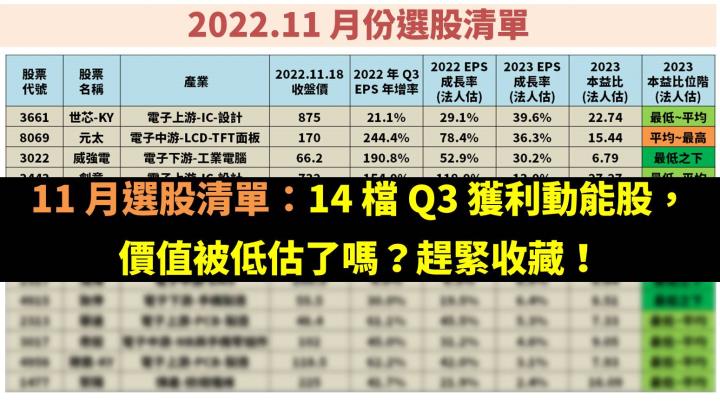 11 月選股清單：14 檔 Q3 獲利動能股，價值被低估了嗎？趕緊收藏！