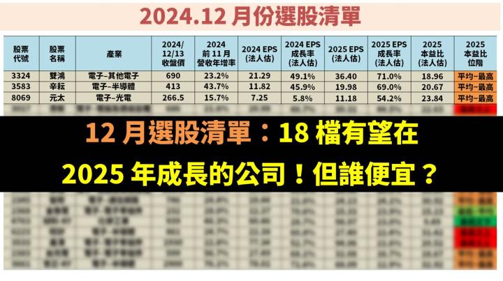 12 月選股清單：18 檔有望在 2025 年成長的公司！但誰便宜？