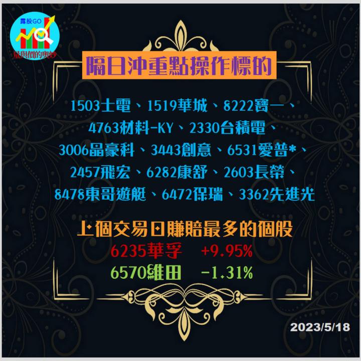 20230518台指期赤道線(期貨)分析/股票通關密碼/籌碼變化前十類股/各類股籌碼與漲跌 (露股go)