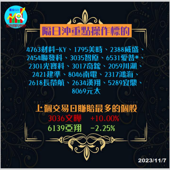 20231107台指期赤道線(期貨)分析/股票通關密碼/籌碼變化前十類股/各類股籌碼與漲跌 (露股go)