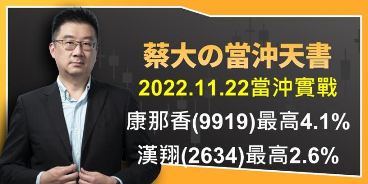 蔡大の當沖天書｜2022.11.22 實戰：當沖康那香(9919)最高4.1％、漢翔(2634)最高2.6％、榮剛(5009)最高2％！