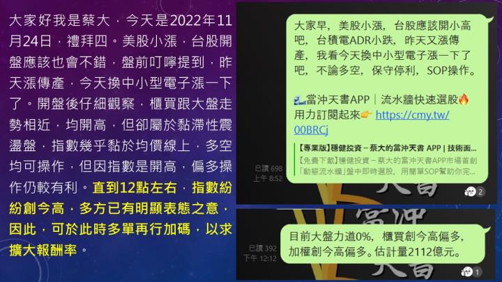 蔡大の當沖天書｜2022.11.24 實戰：當沖全新(2455)最高7.2％⊕、中華(2204)最高4.5％、創惟(6104)最高4.4％、智原(3035)最高3.9％！