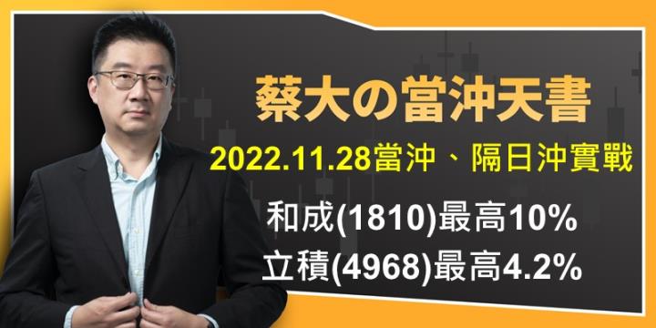 蔡大の當沖天書｜2022.11.28 實戰：當沖立積(4968)最高4.2％、奇偶(3356)最高4％、隔日沖和成(1810)最高10％！