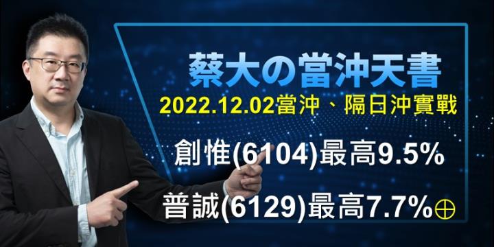蔡大の當沖天書｜2022.12.02 實戰：當沖普誠(6129)最高7.7％⊕、隔日沖創惟(6104)最高9.5％！