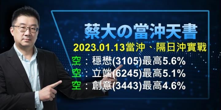 蔡大の當沖天書｜2023.01.13 實戰：當沖穩懋(3105)空最高5.6％、立端(6245)空最高5.1％、創意(3443)空最高4.6％！