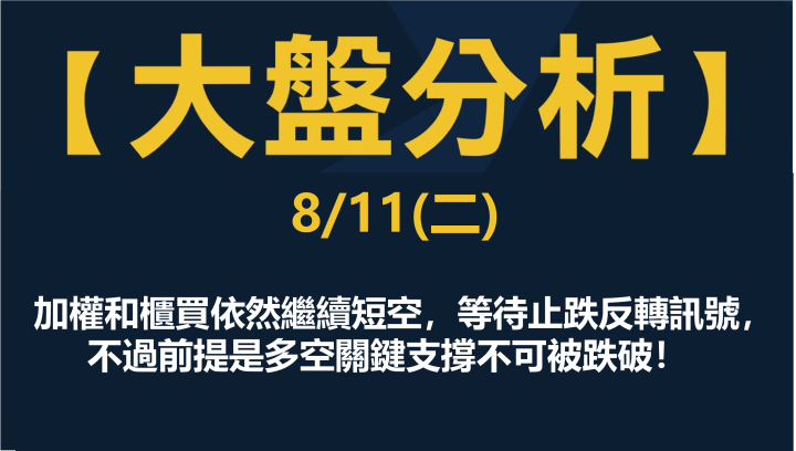 0811 加權和櫃買依然繼續短空，等待止跌反轉訊號，不過前提是多空關鍵支撐不可被跌破！